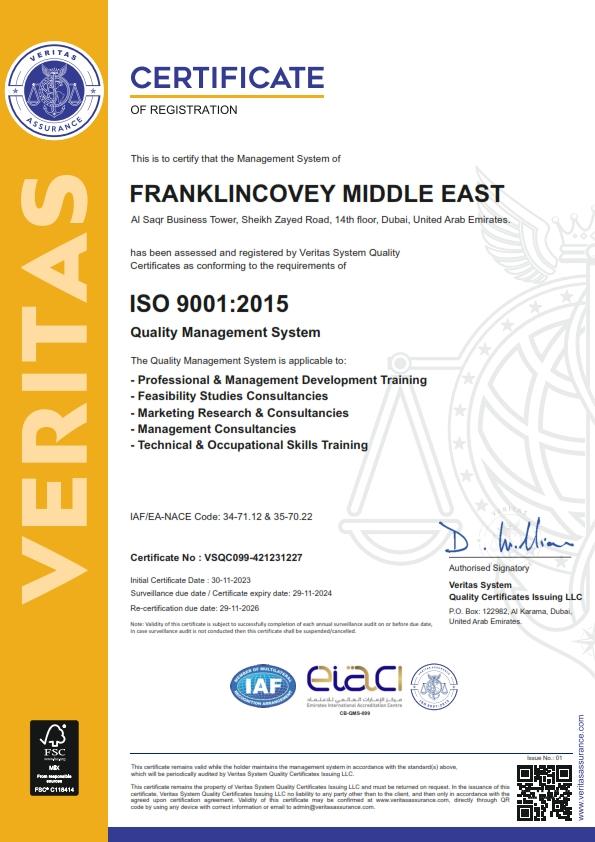 FranklinCovey Middle East Receives ISO 9001:2015 Certification 